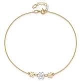 14k Real Two-tone Yellow Gold Three Flower Charm Adjustable Anklet, 9 Inches to 10 Inches